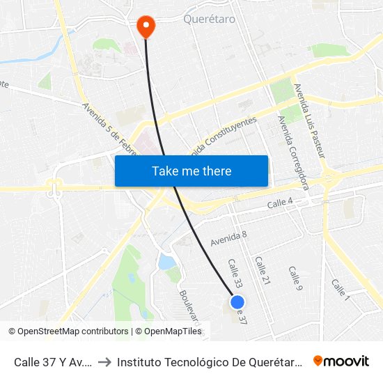 Calle 37 Y Av. 26 to Instituto Tecnológico De Querétaro (Itq) map