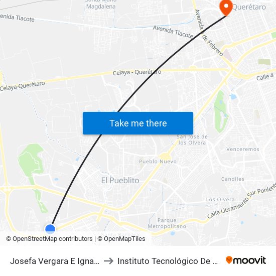 Josefa Vergara E Ignacio Mariscal to Instituto Tecnológico De Querétaro (Itq) map