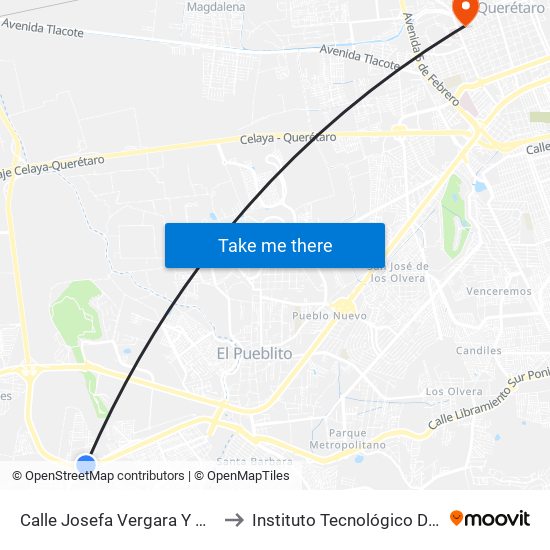 Calle Josefa Vergara Y Calle Valle Dorado to Instituto Tecnológico De Querétaro (Itq) map