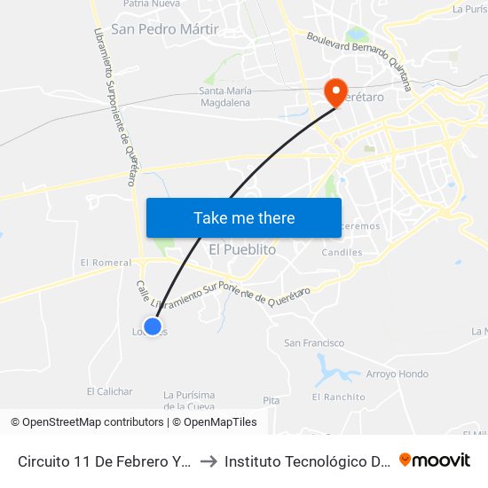 Circuito 11 De Febrero Y Calle Santa Clara to Instituto Tecnológico De Querétaro (Itq) map