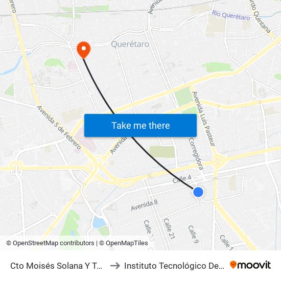 Cto Moisés Solana Y Tomasa Estevez to Instituto Tecnológico De Querétaro (Itq) map