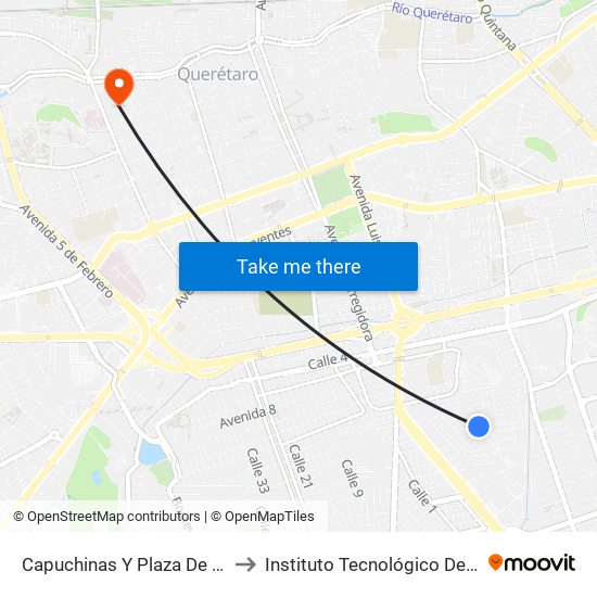 Capuchinas Y Plaza De La Corregidora to Instituto Tecnológico De Querétaro (Itq) map