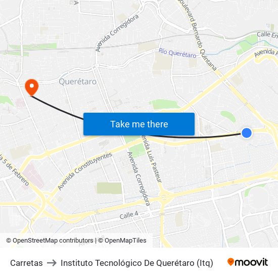 Carretas to Instituto Tecnológico De Querétaro (Itq) map