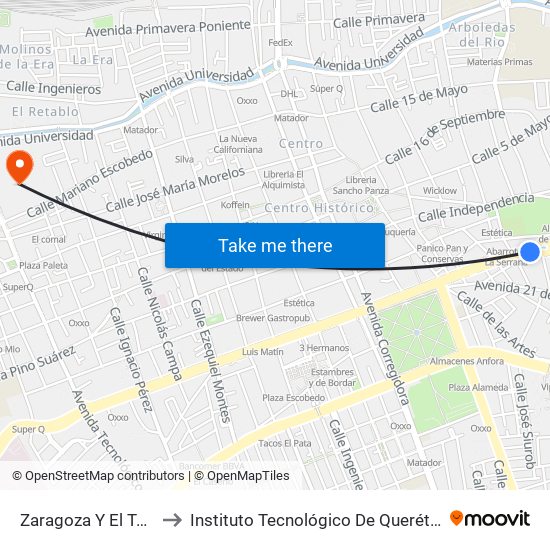 Zaragoza Y El Tanque to Instituto Tecnológico De Querétaro (Itq) map