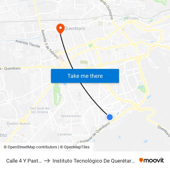 Calle 4 Y Pasteur to Instituto Tecnológico De Querétaro (Itq) map