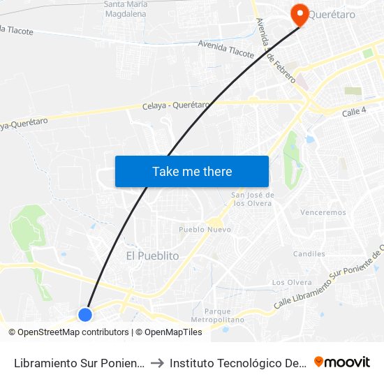 Libramiento Sur Poniente Y Santa Ana to Instituto Tecnológico De Querétaro (Itq) map