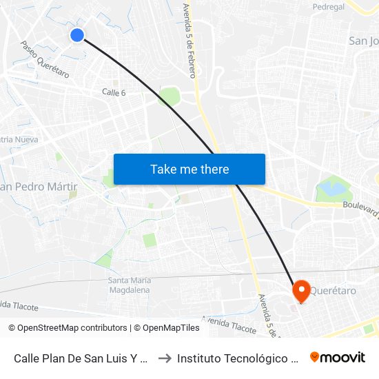 Calle Plan De San Luis Y Calle Tomas Urbina to Instituto Tecnológico De Querétaro (Itq) map