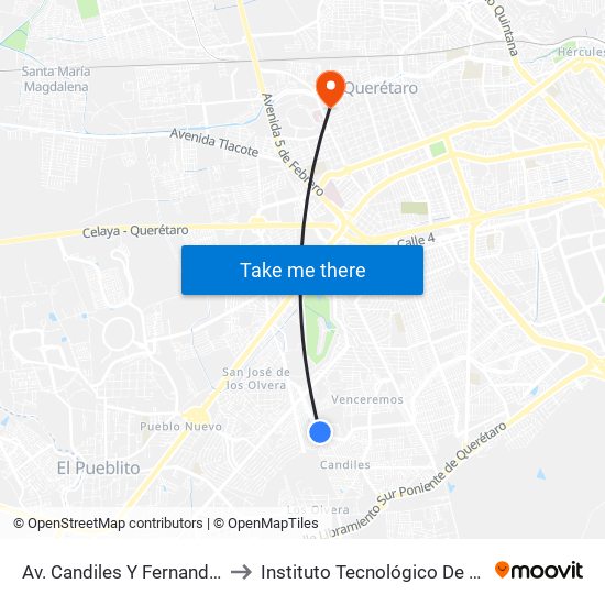 Av. Candiles Y Fernando Altamirano to Instituto Tecnológico De Querétaro (Itq) map