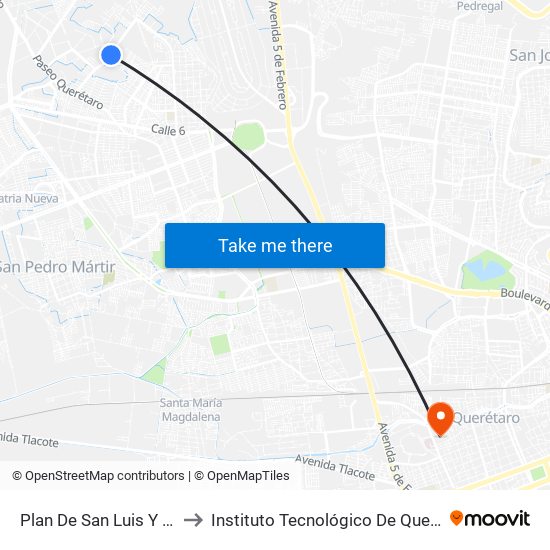 Plan De San Luis Y Calle 13 to Instituto Tecnológico De Querétaro (Itq) map