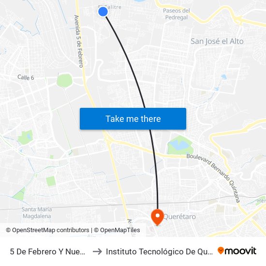 5 De Febrero Y Nueva España to Instituto Tecnológico De Querétaro (Itq) map