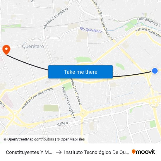 Constituyentes Y Monte Sinai to Instituto Tecnológico De Querétaro (Itq) map