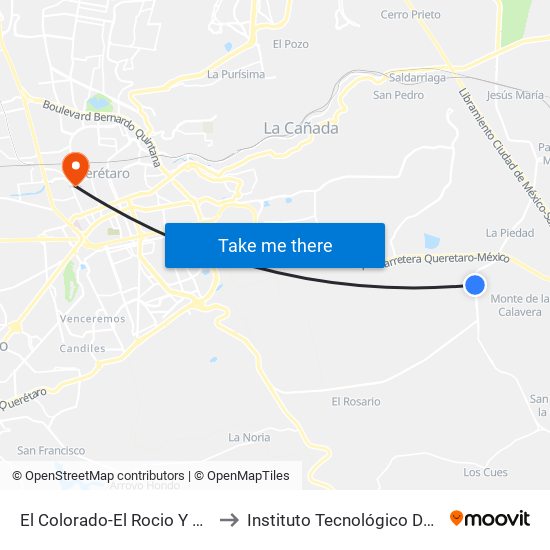 El Colorado-El Rocio Y Av. Las Misiones to Instituto Tecnológico De Querétaro (Itq) map