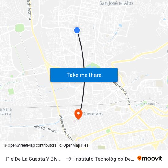 Pie De La Cuesta Y Blvd. De La Nación to Instituto Tecnológico De Querétaro (Itq) map