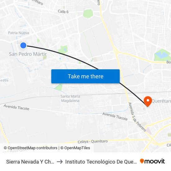 Sierra Nevada Y Chulavista to Instituto Tecnológico De Querétaro (Itq) map