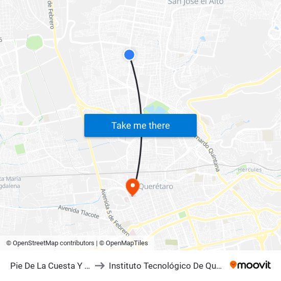 Pie De La Cuesta Y Cetis 16 to Instituto Tecnológico De Querétaro (Itq) map