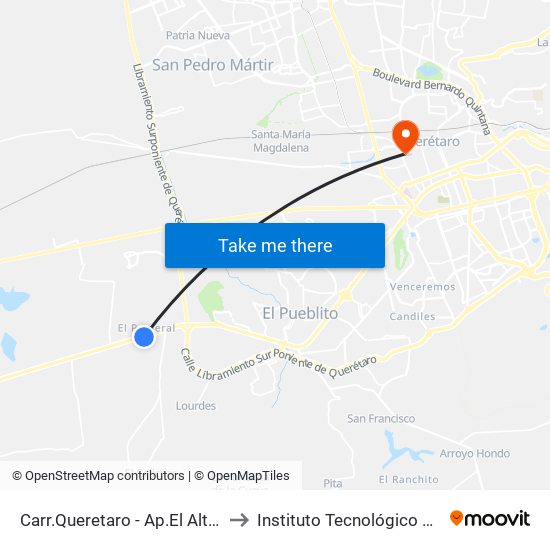 Carr.Queretaro - Ap.El Alto Pueblito Colonial to Instituto Tecnológico De Querétaro (Itq) map