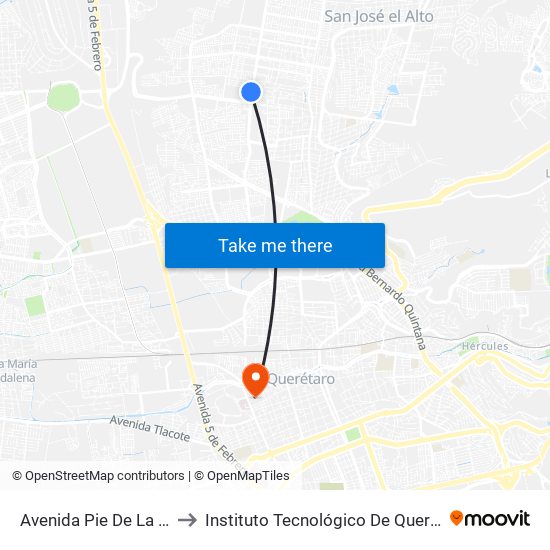 Avenida Pie De La Cuesta to Instituto Tecnológico De Querétaro (Itq) map