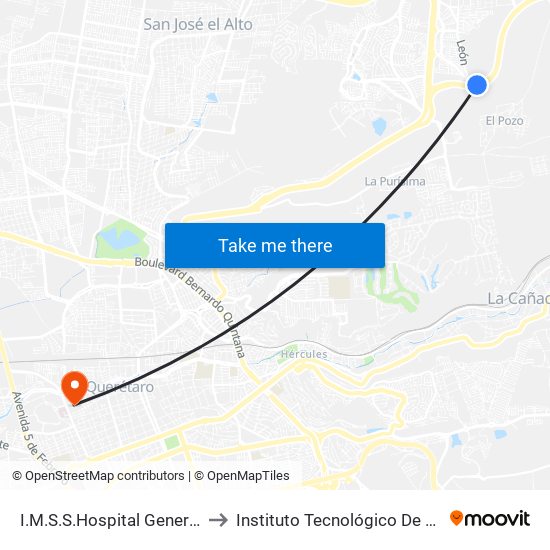 I.M.S.S.Hospital General Regional 2 to Instituto Tecnológico De Querétaro (Itq) map