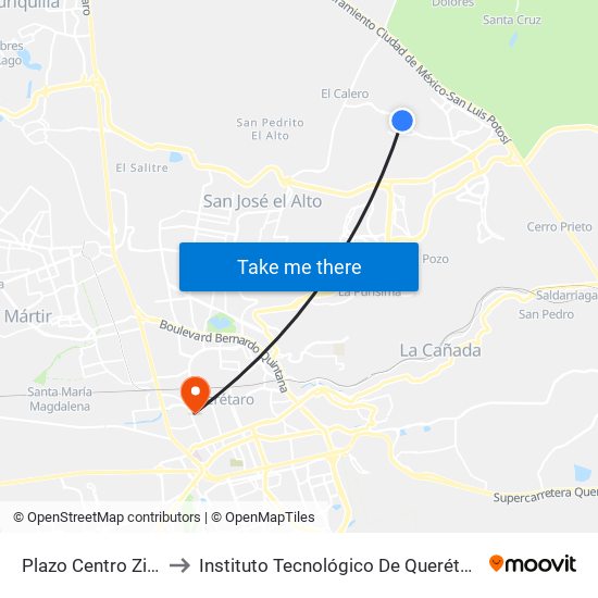 Plazo Centro  Zibata to Instituto Tecnológico De Querétaro (Itq) map