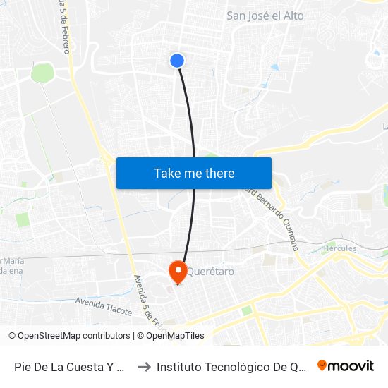 Pie De La Cuesta Y Costureras to Instituto Tecnológico De Querétaro (Itq) map