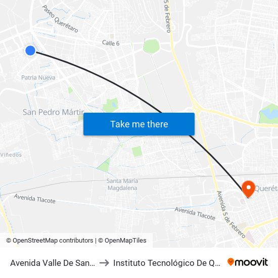 Avenida Valle De Santiago, 201 to Instituto Tecnológico De Querétaro (Itq) map