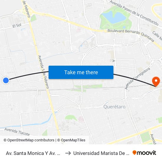 Av. Santa Monica Y Av. Revolucion to Universidad Marista De Querétaro map