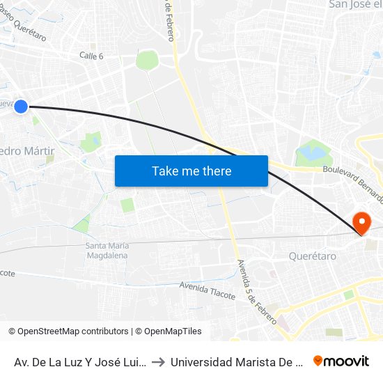 Av. De La Luz Y José Luis Cuevas to Universidad Marista De Querétaro map