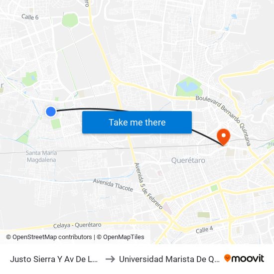 Justo Sierra Y Av De La Poesía to Universidad Marista De Querétaro map