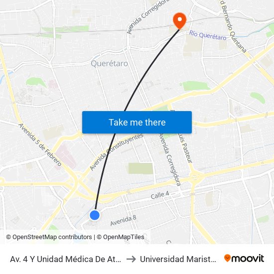Av. 4 Y Unidad Médica De Atención Ambulatoria to Universidad Marista De Querétaro map
