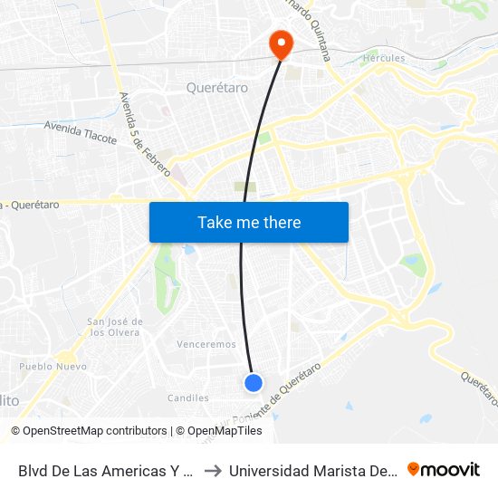 Blvd De Las Americas Y Misioneros to Universidad Marista De Querétaro map