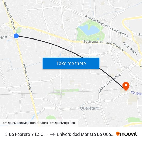 5 De Febrero Y La Obrera to Universidad Marista De Querétaro map