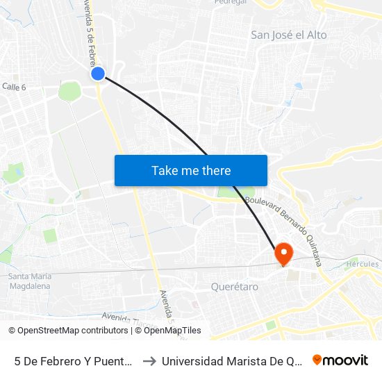 5 De Febrero Y Puente Jurica to Universidad Marista De Querétaro map