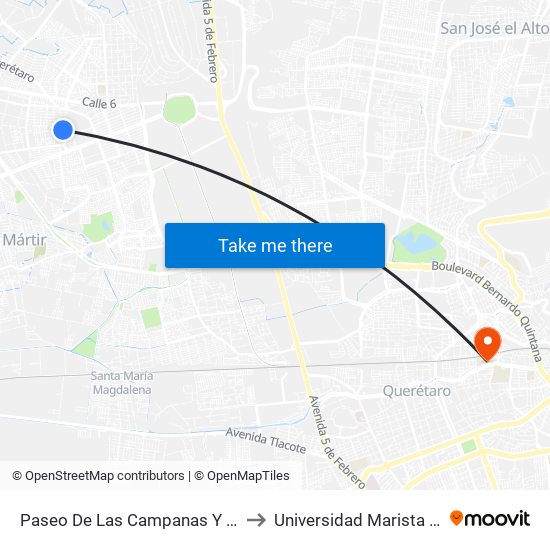 Paseo De Las Campanas Y Cerro De La Cruz to Universidad Marista De Querétaro map