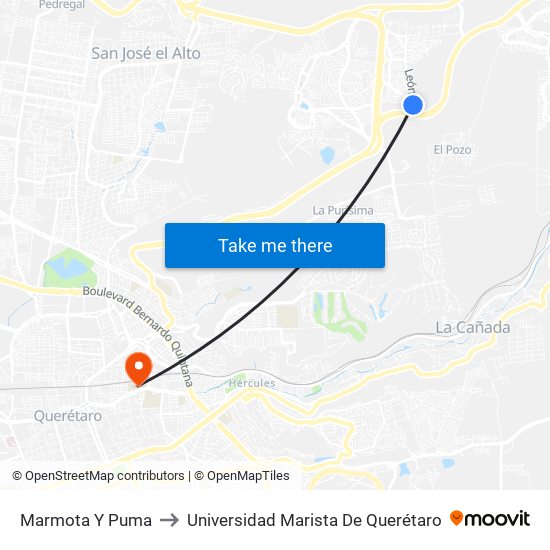 Marmota Y Puma to Universidad Marista De Querétaro map
