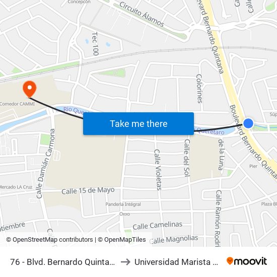 76 - Blvd. Bernardo Quintana Y Av Del Río to Universidad Marista De Querétaro map