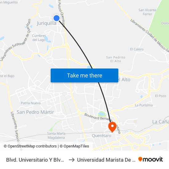 Blvd. Universitario Y Blvd. Juriquilla to Universidad Marista De Querétaro map