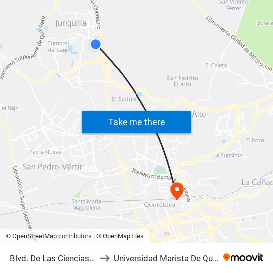 Blvd. De Las Ciencias Y Uaq to Universidad Marista De Querétaro map