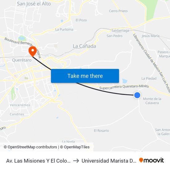 Av. Las Misiones Y El Colorado-El Rocio to Universidad Marista De Querétaro map