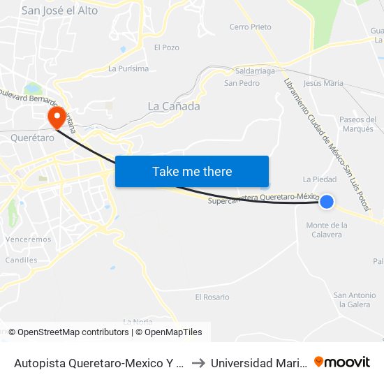 Autopista Queretaro-Mexico Y Parque Industrial El Marques to Universidad Marista De Querétaro map