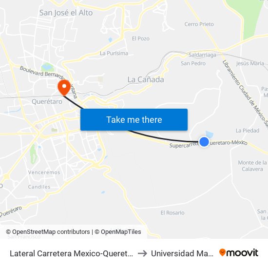 Lateral Carretera Mexico-Queretaro Y Guadalupe Ramirez Alvarez to Universidad Marista De Querétaro map