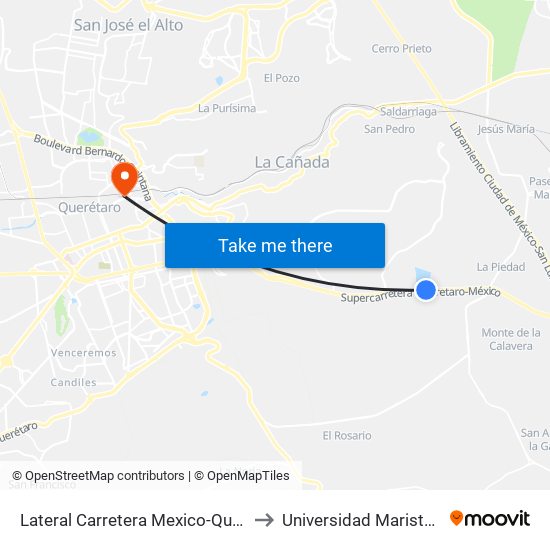 Lateral Carretera Mexico-Queretaro Y El Carmen to Universidad Marista De Querétaro map