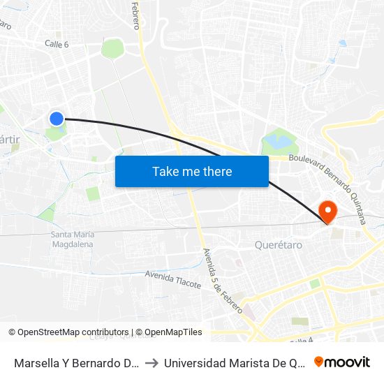 Marsella Y Bernardo De Siena to Universidad Marista De Querétaro map