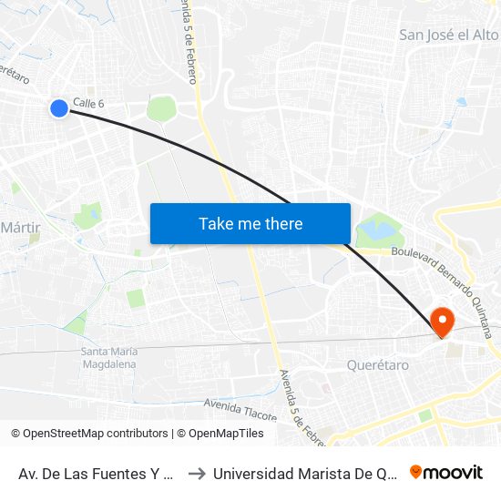 Av. De Las Fuentes Y Calle 11 to Universidad Marista De Querétaro map