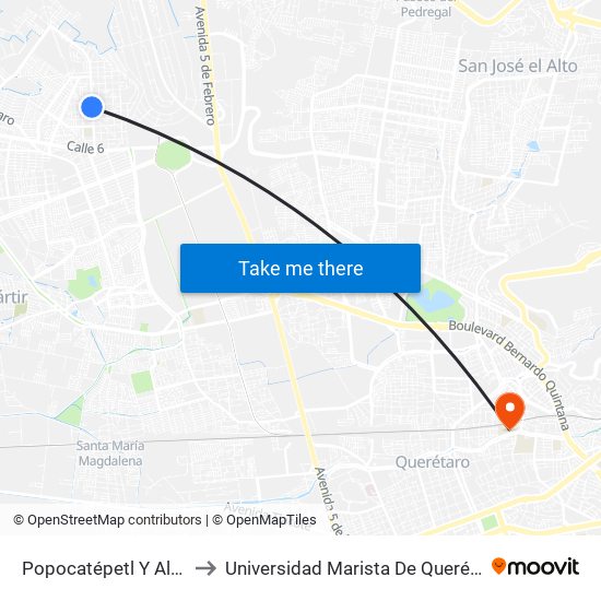 Popocatépetl Y Alpes to Universidad Marista De Querétaro map