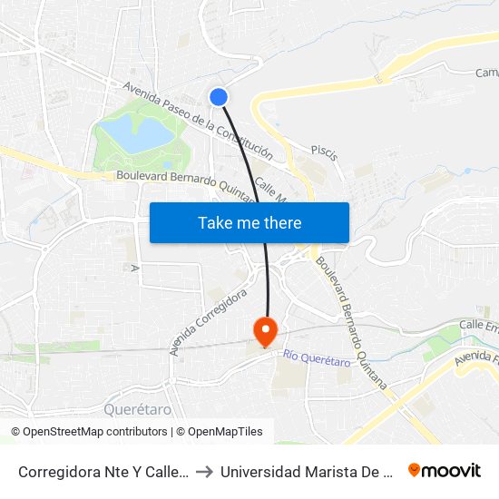 Corregidora Nte Y Calle Nogada to Universidad Marista De Querétaro map