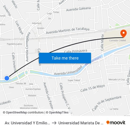 Av. Universidad Y Emilio Carranza to Universidad Marista De Querétaro map