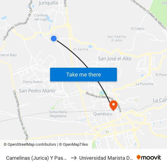 Camelinas (Jurica) Y Paseo Del Mesón to Universidad Marista De Querétaro map