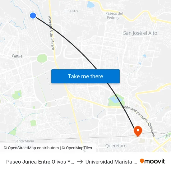 Paseo Jurica Entre Olivos Y Av De Los Pinos to Universidad Marista De Querétaro map