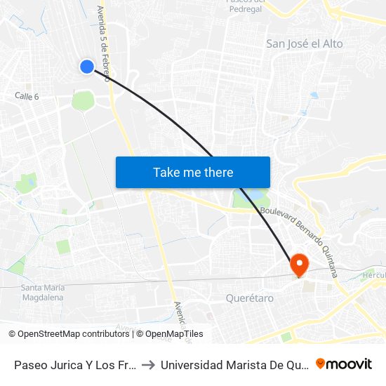 Paseo Jurica Y Los Fresnos to Universidad Marista De Querétaro map