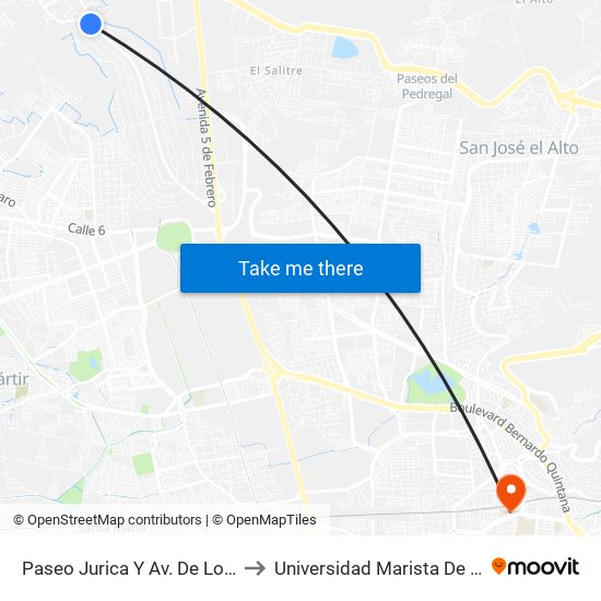 Paseo Jurica Y Av. De Los Laureles to Universidad Marista De Querétaro map